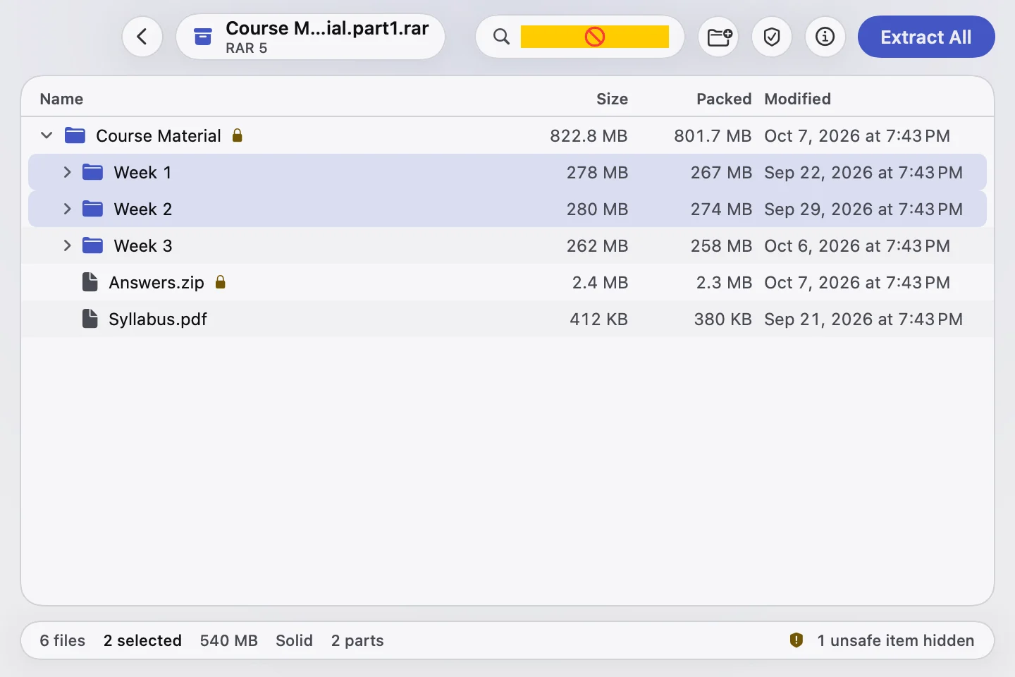 Rar Extractor showing the contents of Course Material.part1.rar: folders for each week, a syllabus and an encrypted answers file, with sizes, dates and two rows selected.