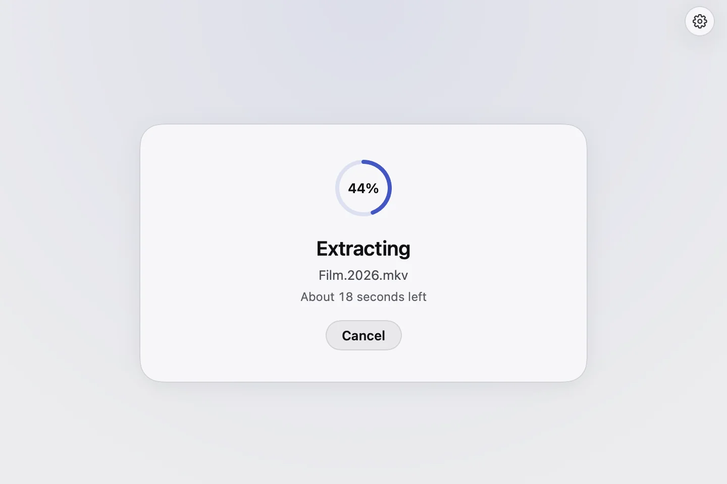 Rar Extractor extracting an archive named Film.part1.rar, at 44 percent, writing Film.2026.mkv, with a Cancel button.